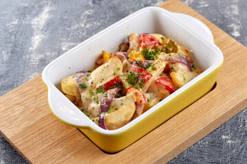 roasted vegetables with chicken and cheese