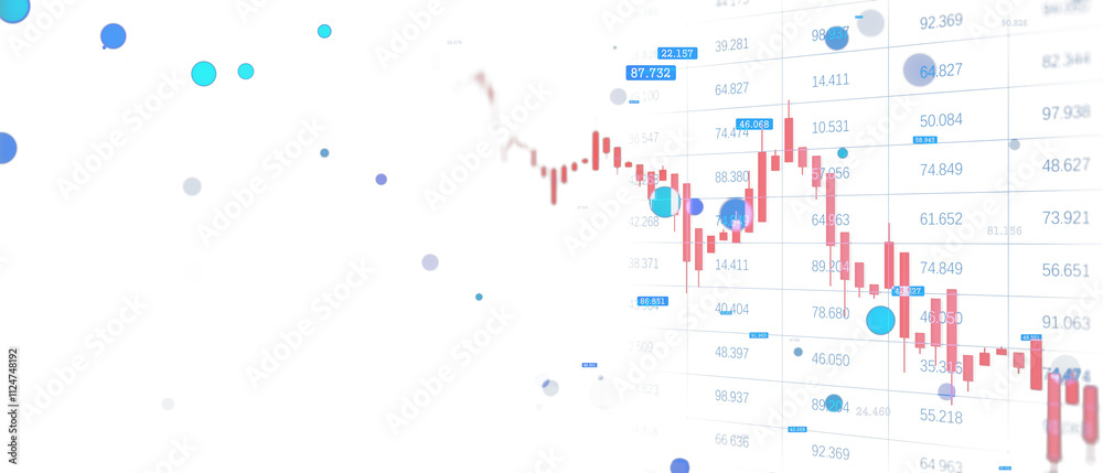 Aufkleber digital stock market graph with red candlesticks, blue holographic data points, and white background
