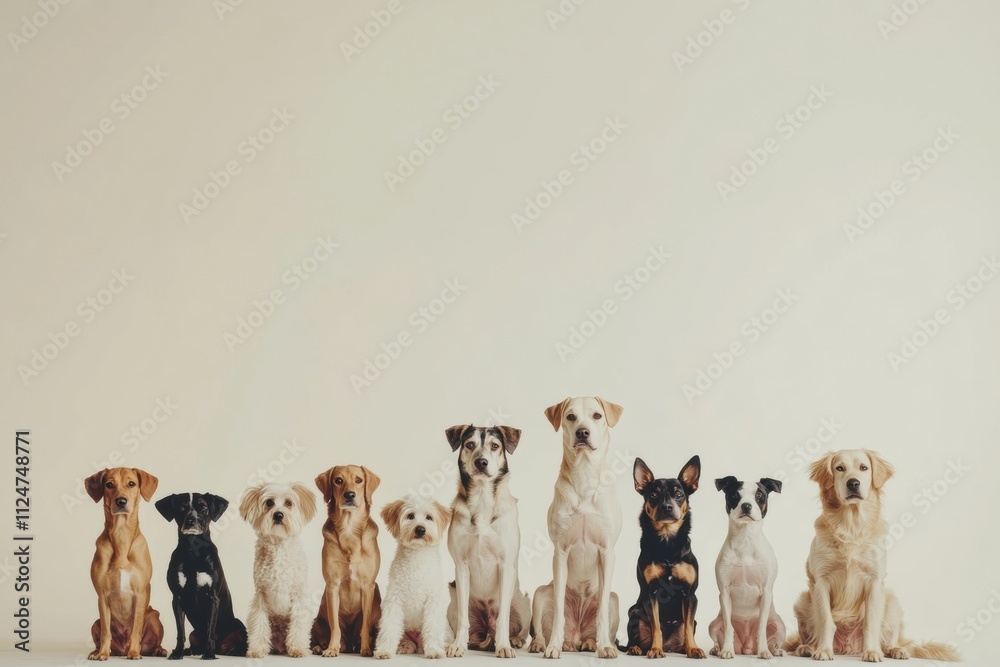 Poster A group of diverse dogs sits side by side, showcasing various breeds and sizes against a simple backdrop, ready for creative use. Generative AI