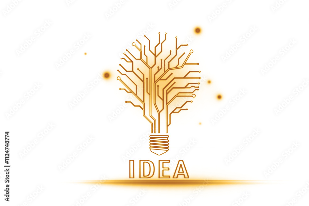 Poster Glowing orange digital lightbulb with circuit patterns, text IDEA below, isolated on clean white background, concept of innovation. 3D Rendering.