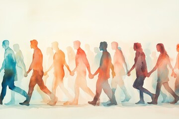 Naklejka premium Watercolor painting diverse group of people walking together silhouettes hand in hand unity, soft colors beige background