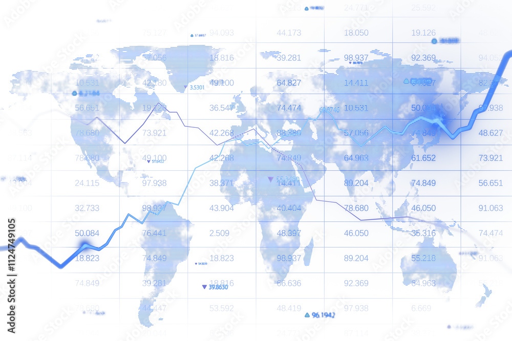 Poster Transparent global map with financial graph overlays and data points in a clean blue and white style, representing tech and analytics concepts. 3D Rendering.