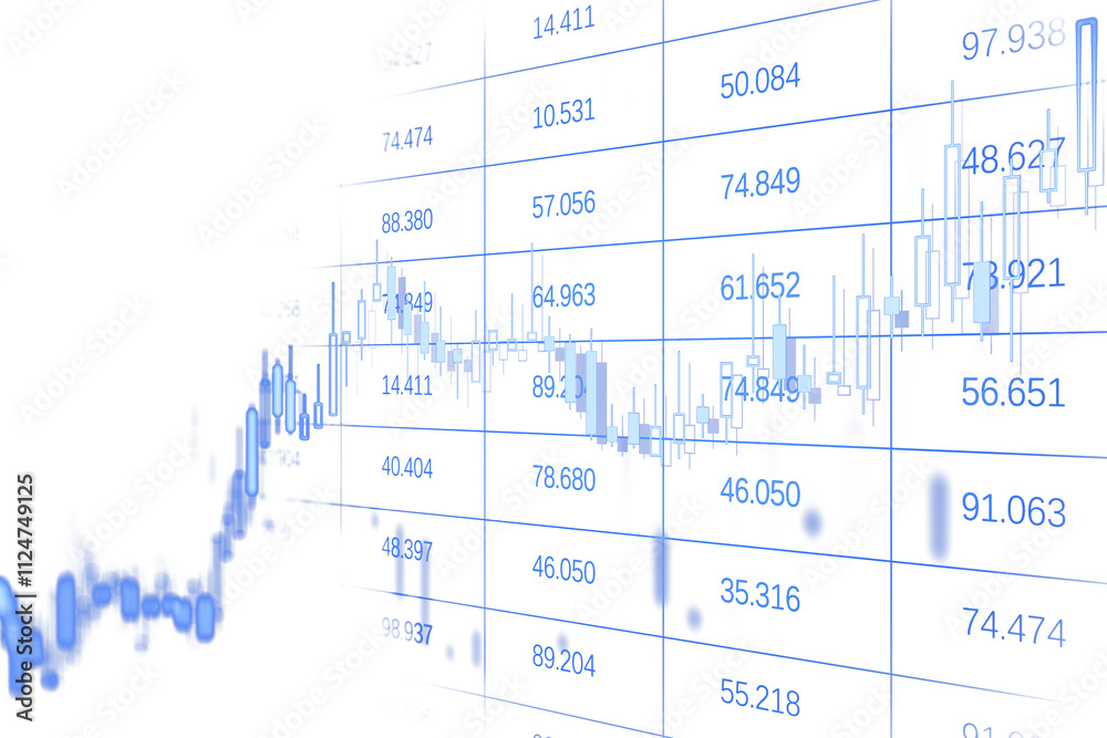Poster blue candlestick financial chart on white grid background, displaying market data trends and analyti