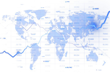 Fototapeta premium Transparent global map with financial graph overlays and data points in a clean blue and white style, representing tech and analytics concepts. 3D Rendering.
