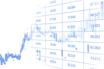 Blue candlestick financial chart on white grid background, displaying market data trends and analytics, representing digital finance concepts. 3D Rendering.