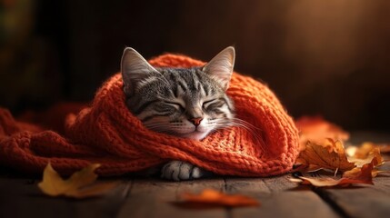 A cozy tabby cat snuggled in an orange scarf, surrounded by vibrant autumn leaves on a wooden floor, with warm light streaming in