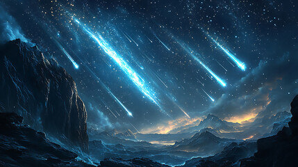 Celestial Dance Over Mountainous Peaks: A Night Sky Spectacle with Bright Shooting Stars