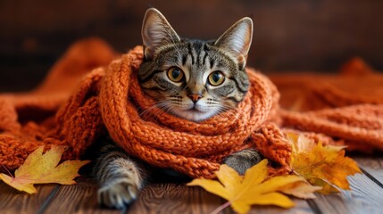 Naklejka premium A cozy tabby cat snuggled in an orange scarf, surrounded by vibrant autumn leaves on a wooden floor, with warm light streaming in