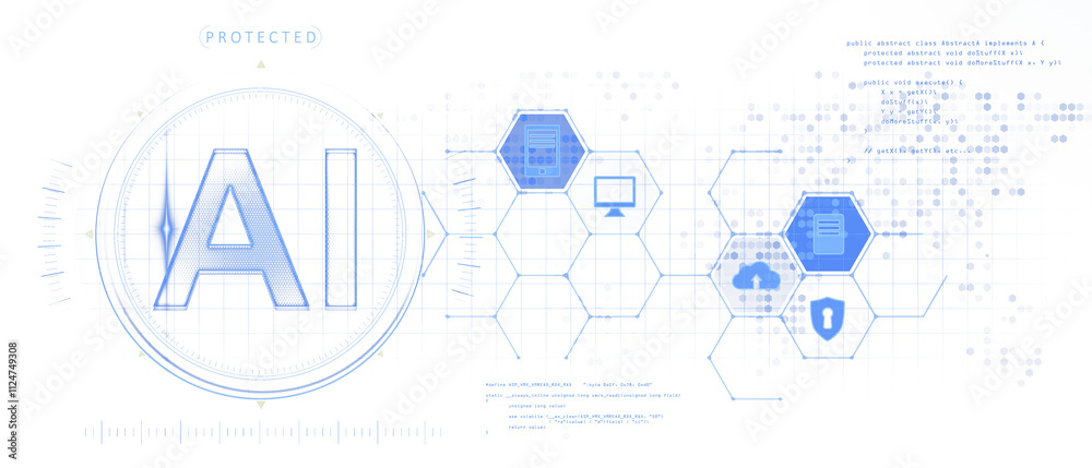 Leinwandbilder Blue AI text and digital icons within hexagonal elements on a white background, styled with holographic outlines, representing tech concepts. 3D Rendering.
