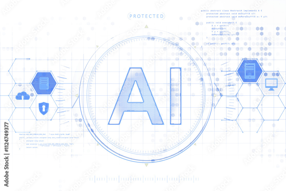 Poster AI text in a digital blue hologram style, surrounded by tech icons and hexagonal patterns, on a white background. Concept of virtual technology. 3D Rendering.