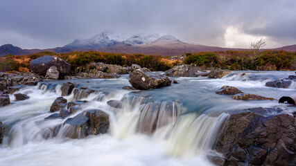 Waterfalls and mountains at Sligachan, Skye