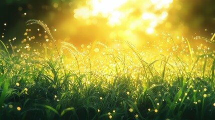 Fresh morning grass with tiny dew drops golden sunlight illuminating the blades natural blurry background serene and peaceful outdoor atmosphere
