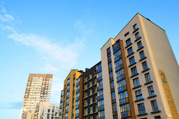 Residential condominium building. Modern complex of Apartment residential condo. Residential architecture exterior. Modern facade building. New House, Eco-friendly residential building.
