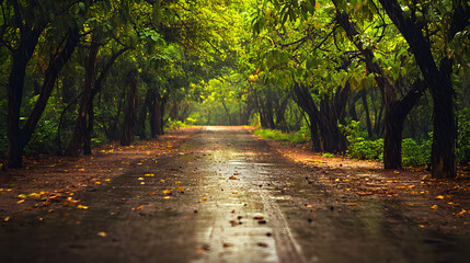 Fototapeta premium Experience the Peaceful Beauty of a Rainy Monsoon Forest in a Stunning Visual Panorama