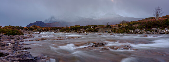 Waterfalls and mountains at Sligachan, Skye