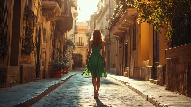 Fototapeta Young woman in a green dress walking along a quiet urban street surrounded by historic architecture under warm afternoon sunlight