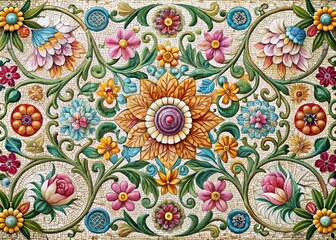 A Stunning Mosaic Art Piece Showcasing Intricate Floral Designs in Pastel Colors, Celebrating Nature's Beauty Through Detailed Craftsmanship and Ornate Decorative Style