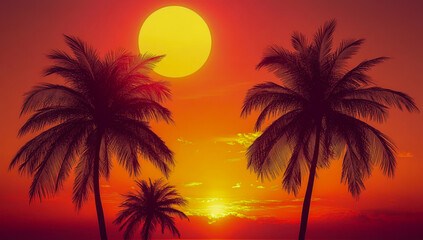 A tropical sunset image, vibrant colors, palm trees silhouetted against a bright sky and sunset on the horizon. - Powered by Adobe