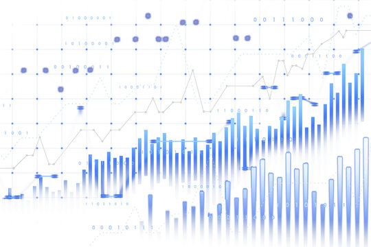 Abstract blue bar and line graph with binary code on a white background, grid layout, digital design, concept of technology and statistics. 3D Rendering.