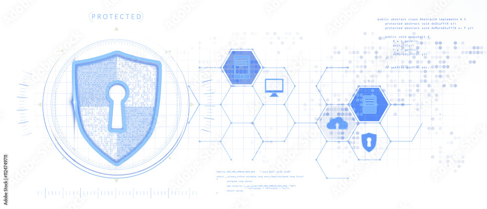 Poster shield with lock icon, hexagonal tech icons, white futuristic grid, blue neon style, concept of data