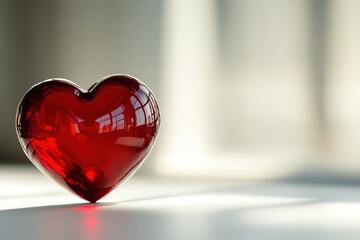 clean white background with single vibrant red heart in center softly glowing under diffused light with generous copy