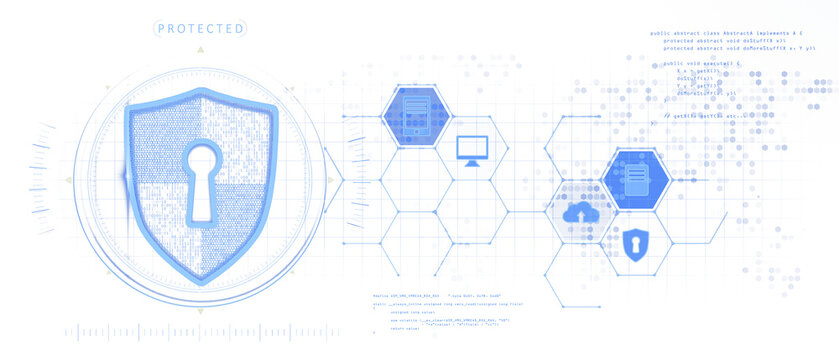 Shield with lock icon, hexagonal tech icons, white futuristic grid, blue neon style, concept of data protection and cybersecurity. 3D Rendering.