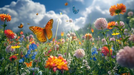 A vibrant meadow filled with wildflowers and butterflies flitting from blossom to blossom.