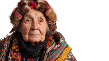 An elderly woman dressed in traditional attire showcases cultural heritage with intricate patterns and a unique headdress on transparent background