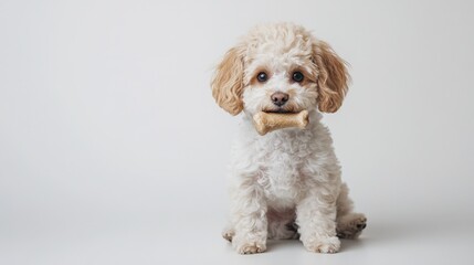 A cute small dog holding a bone in its mouth, sitting against a white background, with ample space for text or branding