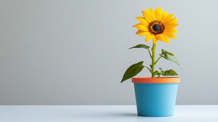 A decorative artificial sunflower in a vibrant colored wooden pot, centered on a white surface with a blank wall backdrop.
