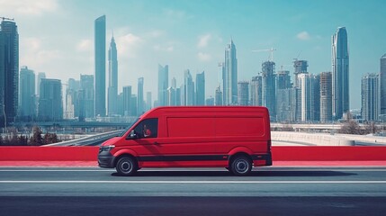 Red delivery van against Dubai's futuristic skyline. Modern commercial vehicle contrasts with sleek high-rise architecture creating striking urban transportation scene