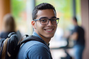 Young man with backpack smiles in a modern indoor space