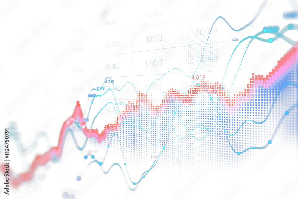 Poster Abstract digital graph with blue and red data points and lines on a clean white background. Concept of technology and financial analysis. 3D Rendering.