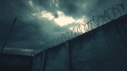 A desolate concrete wall topped with barbed wire under a dark and ominous sky, casting long shadows.