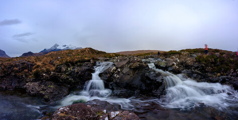 Waterfalls and mountains at Sligachan, Skye