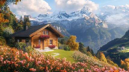 Fototapeta premium Wooden cozy cabin in Mountains