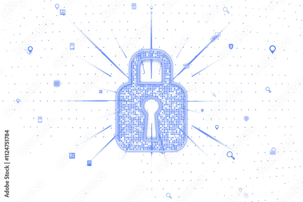 Aufkleber Digital lock in blue dotted style with tech icons, isolated on white background, representing virtual security and data protection concept. 3D Rendering.