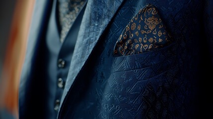 A man is wearing a blue suit with a gold pocket square