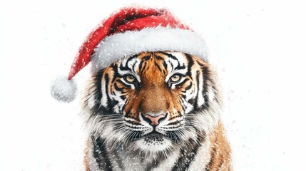 Obraz premium tiger wearing a festive Santa hat white background cartoon watercolour style with a minimalist aesthetic