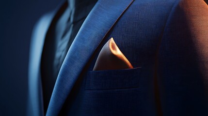 A man is wearing a blue suit and a pocket square