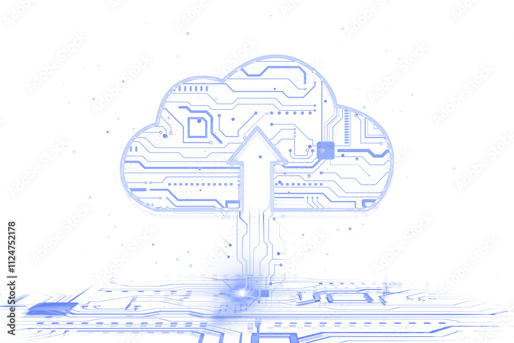 Leinwandbilder Cloud-shaped digital circuit with an arrow, blue lines, on white background, representing cloud computing and virtual data transfer. 3D Rendering.