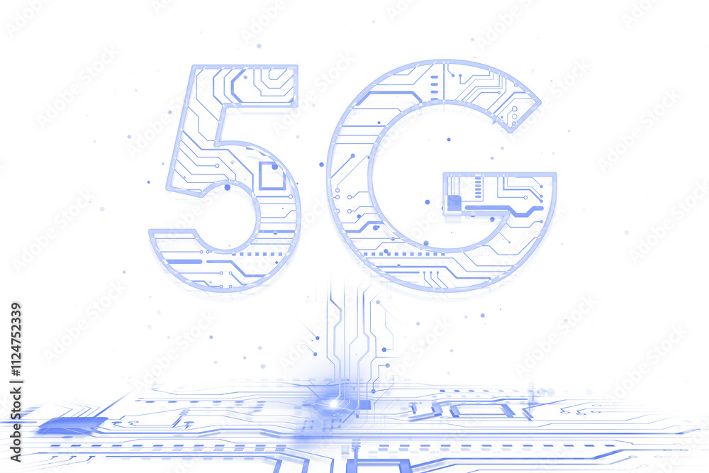 Poster 5G text with circuit patterns, holographic blue style, isolated on white background, concept of modern technology and communication. 3D Rendering.