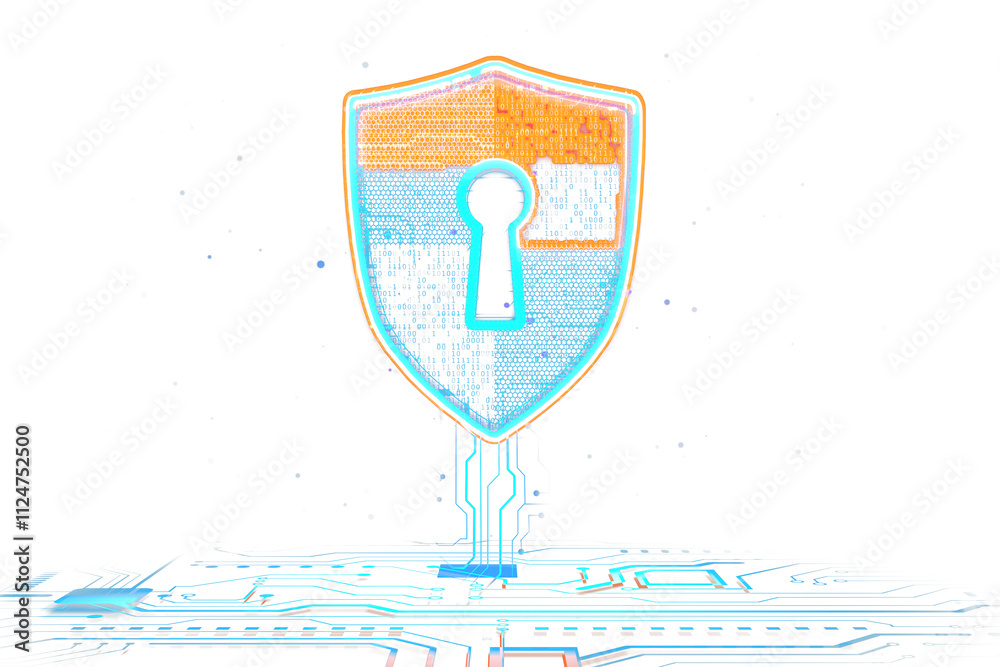 Poster Digital shield with keyhole design, binary code, glowing neon lines, white background. Concept of cybersecurity and data protection. 3D Rendering.