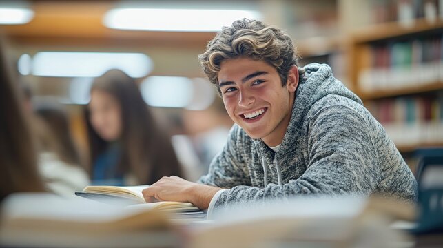 A diverse group of college students studying together in a library some laughing while others focus intently on their books