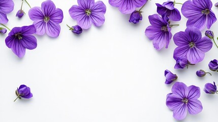 A white background with a collection of purple flowers and space for text. This represents the idea