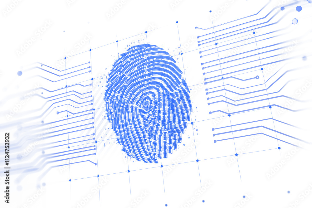 Aufkleber Blue fingerprint with digital circuit-style lines on white background, holographic style, secure identity concept, 3D rendering
