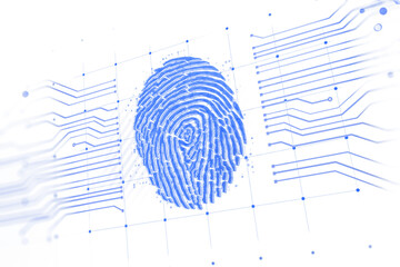 Blue fingerprint with digital circuit-style lines on white background, holographic style, secure identity concept, 3D rendering