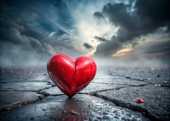 Obraz premium A Surreal Scene of a Broken Red Heart on Asphalt, Symbolizing Heartbreak and Loss in an Urban Landscape, Captured in Vivid Colors and Dreamlike Imagery for Artistic Expression