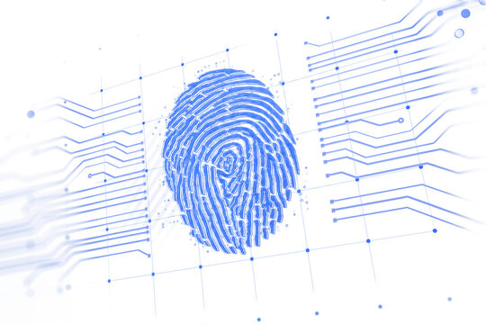 Blue fingerprint with digital circuit-style lines on white background, holographic style, secure identity concept, 3D rendering