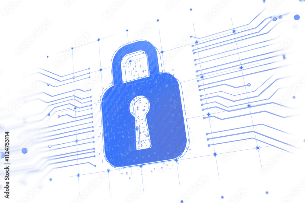 Poster Blue lock symbol with keyhole, surrounded by digital circuits, holographic style on white background. Concept of cybersecurity and protection. 3D Rendering.